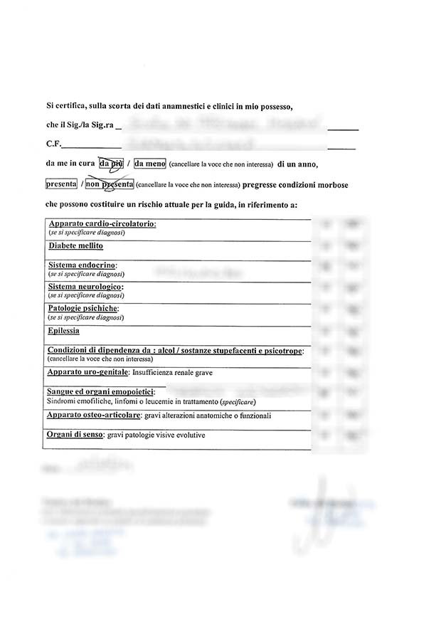 Medical history certificate (Certificato anamnestico)